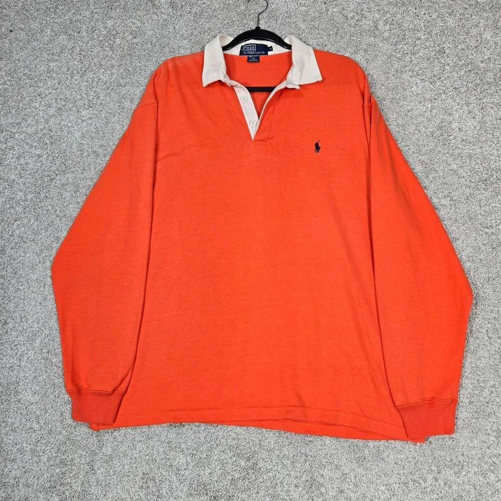 Vintage Polo Ralph Lauren Rugby Polo Shirt Mens Medium Orange Long Sleeve